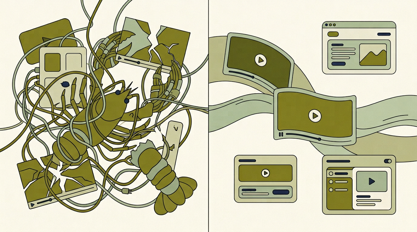 Editorial comparison illustration showing a cluttered provider-key video workflow on the left and a smoother AnyCap-style hosted video workflow on the right.