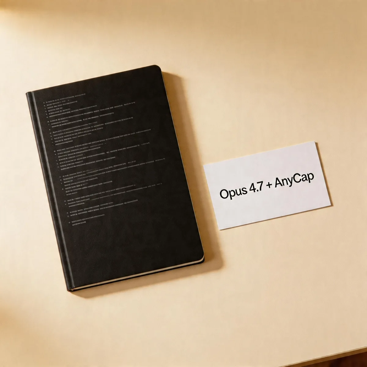 Editorial product mockup with the words 'Opus 4.7 + AnyCap' beside a developer notebook — generated by Claude Code on Opus 4.7 calling AnyCap with Seedream 5.