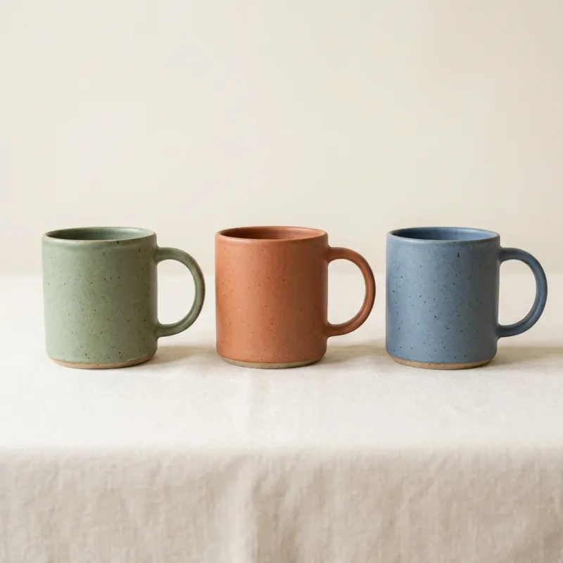 Three colorful variants of the same matte ceramic mug — sage, terracotta, dusty blue — generated as a follow-up batch by AnyCap.