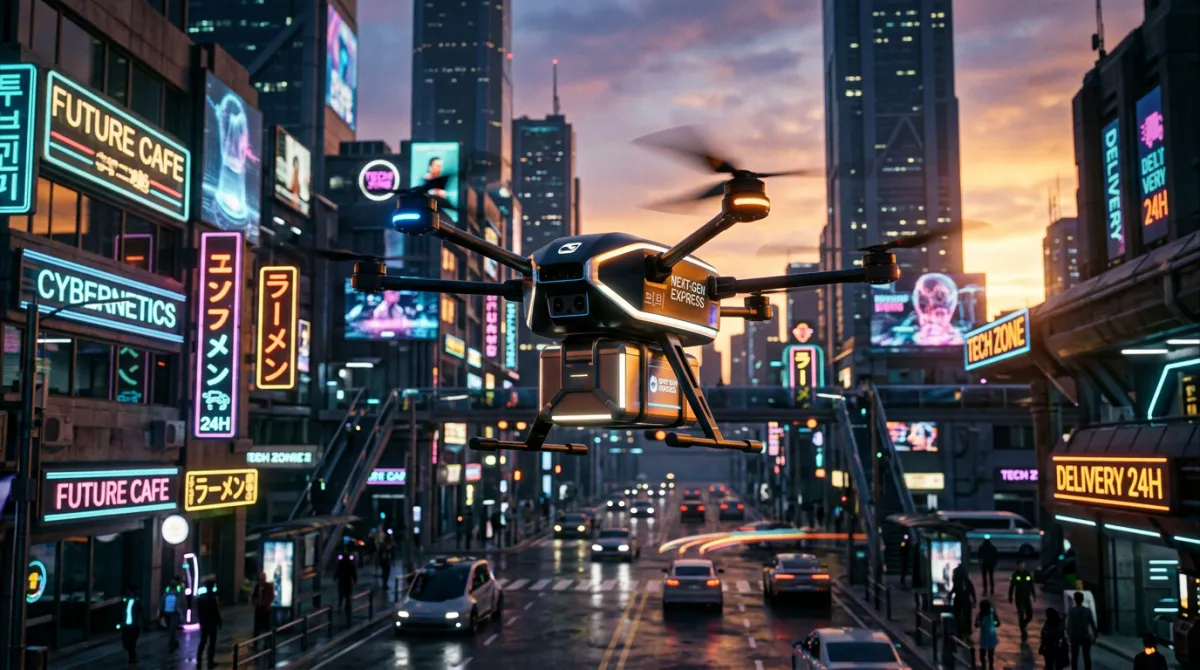 Cinematic still of a delivery drone hovering over a neon-lit city street at golden hour — reference frame Opus 4.7 hands to Kling 3.0.