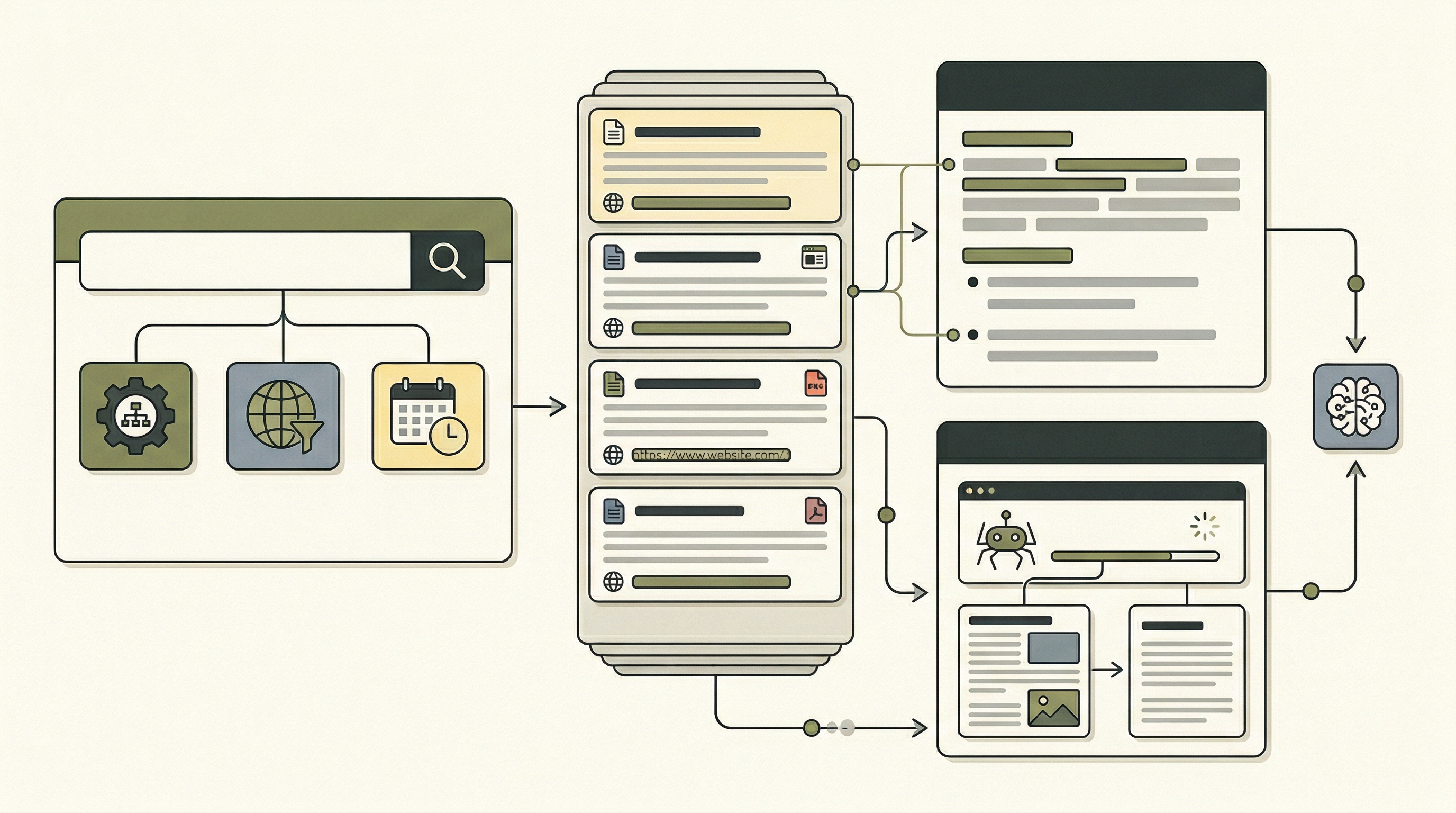 Editorial illustration showing web search results flowing into grounded answers and crawl steps