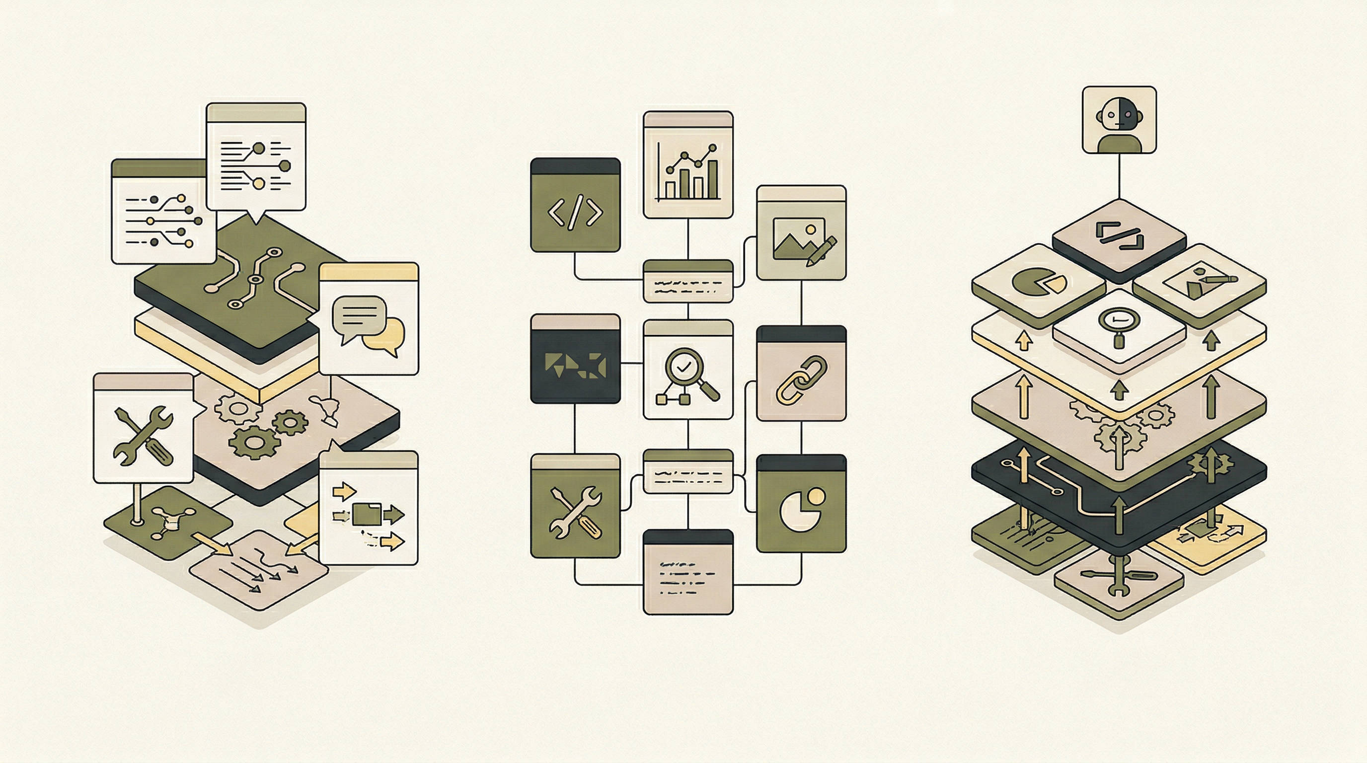 Editorial illustration showing MCP, Skills, and Both as layered agent stack patterns