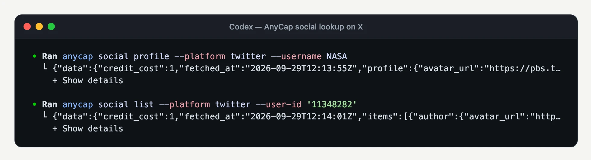 Codex CLI terminal showing it ran anycap social profile for NASA on X, then anycap social list with NASA's platform ID, each returning JSON with a credit cost of 1.
